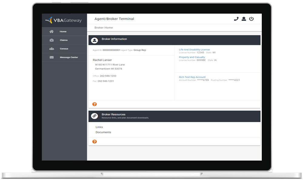 Laptop displaying VBAGateway Agent/Broker Portal dashboard