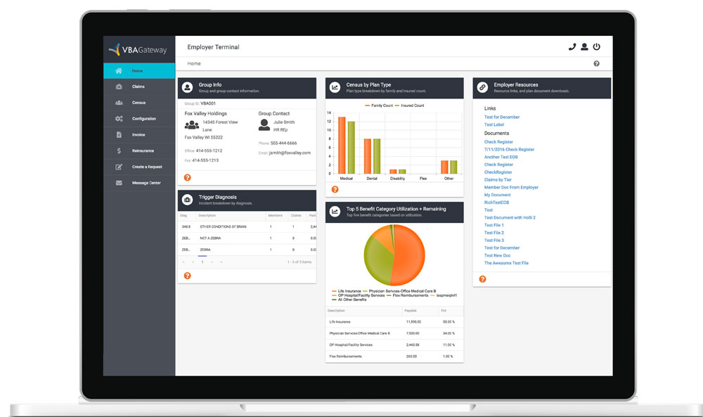 Laptop displaying VBAGateway Employer Portal dashboard