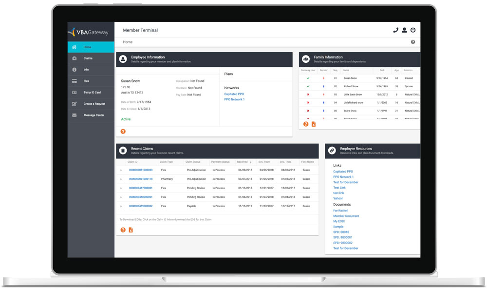 Laptop displaying VBAGateway Member Portal dashboard