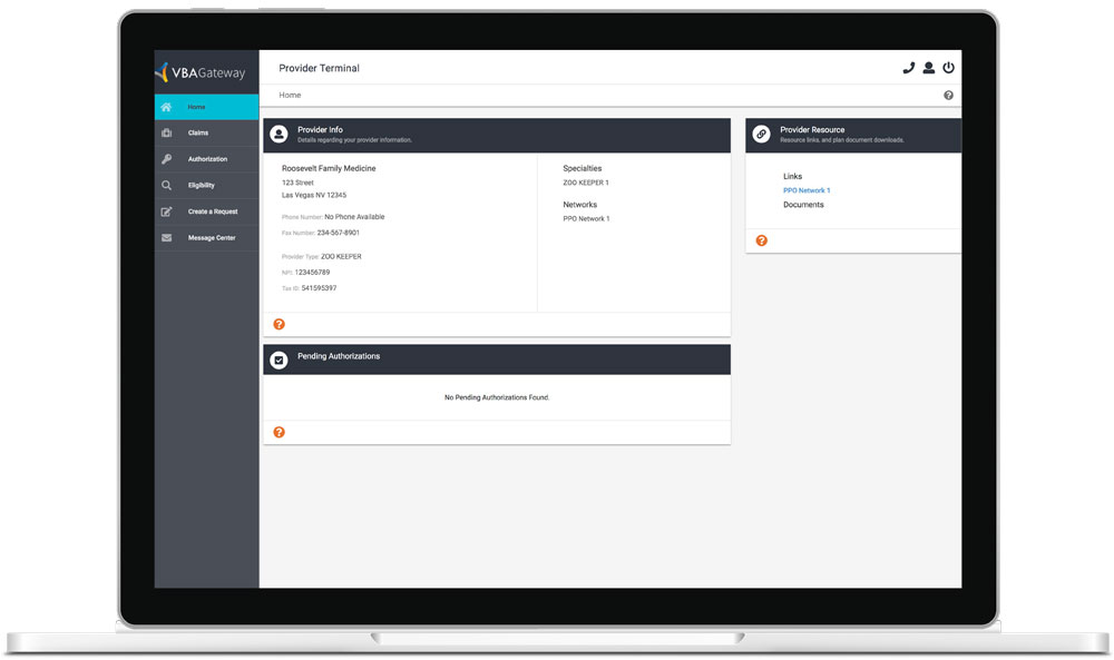 Laptop displaying VBAGateway Provider Portal dashboard